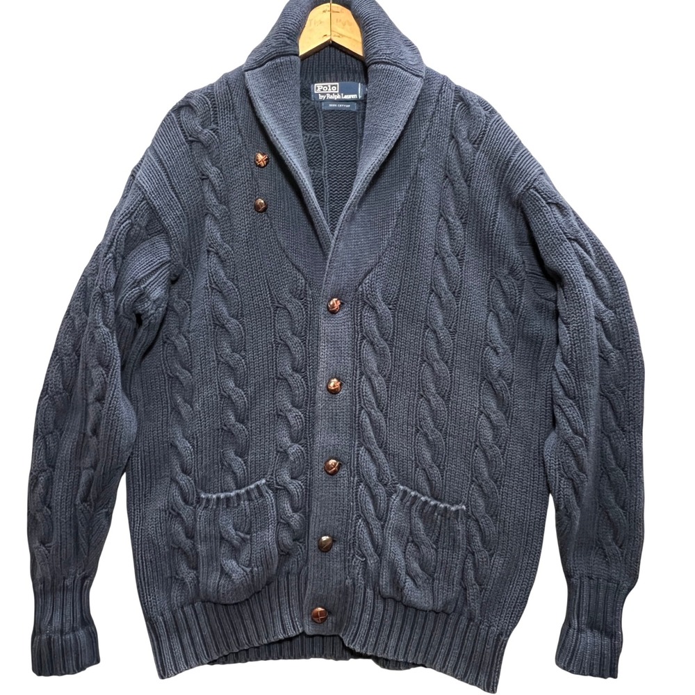 Polo Ralph Lauren Mens Navy Blue Cable Knit Shawl Collar Cardigan Sweater Large